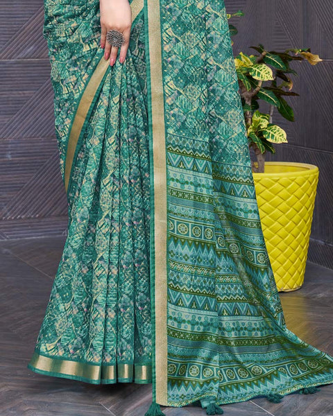 Dark Teal Green Printed Chanderi Cotton Saree With Weaving Border
