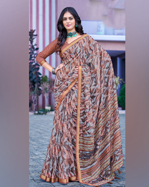 Turkey Brown Printed Chanderi Cotton Saree With Weaving Border