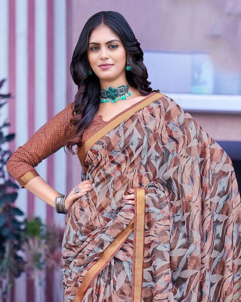 Turkey Brown Printed Chanderi Cotton Saree With Weaving Border