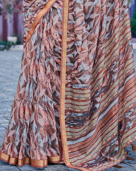 Turkey Brown Printed Chanderi Cotton Saree With Weaving Border
