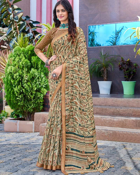 Dust Brown Printed Chanderi Cotton Saree With Weaving Border