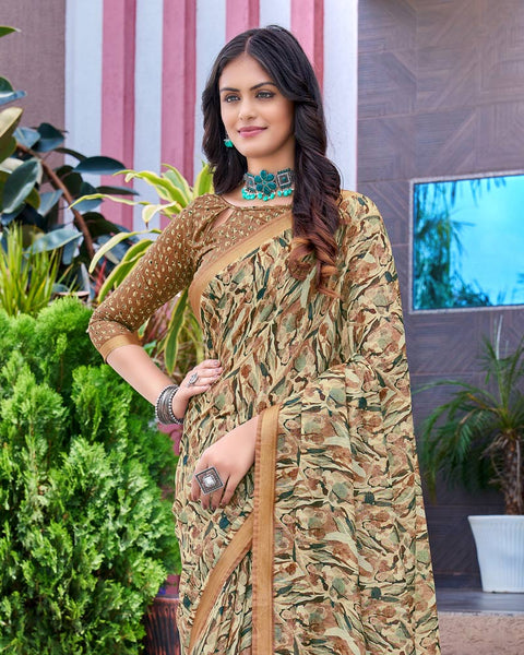 Dust Brown Printed Chanderi Cotton Saree With Weaving Border