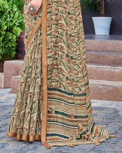 Dust Brown Printed Chanderi Cotton Saree With Weaving Border