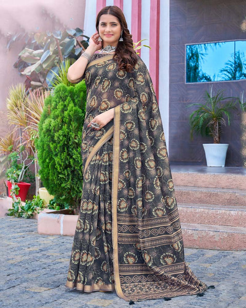 Tuna Grey Printed Chanderi Cotton Saree With Weaving Border