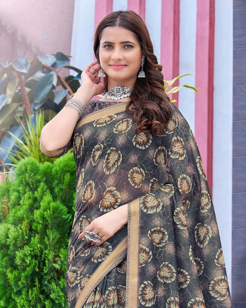 Tuna Grey Printed Chanderi Cotton Saree With Weaving Border