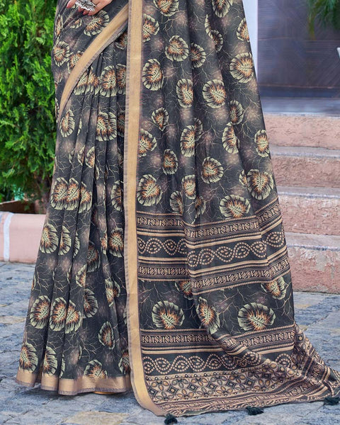 Tuna Grey Printed Chanderi Cotton Saree With Weaving Border