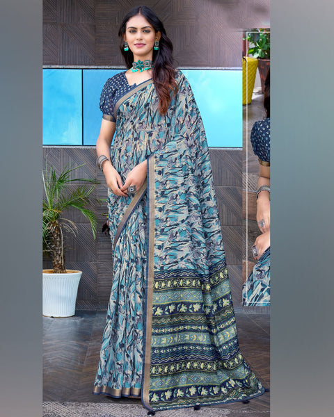 Oslo Grey Printed Chanderi Cotton Saree With Weaving Border