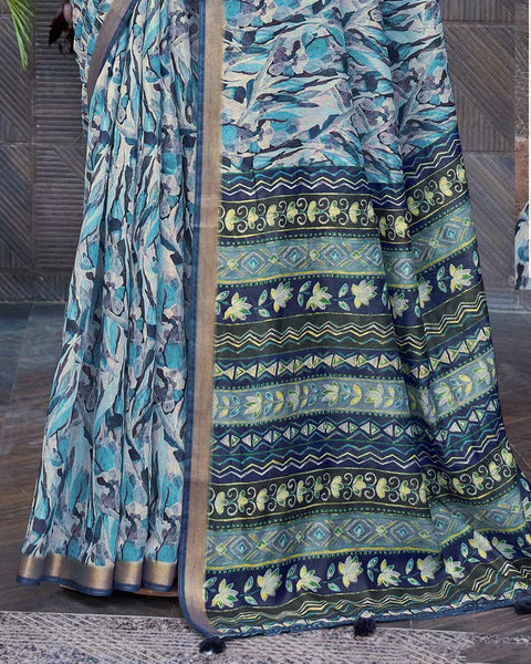 Oslo Grey Printed Chanderi Cotton Saree With Weaving Border