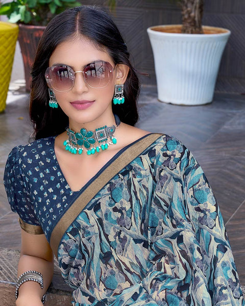 Oslo Grey Printed Chanderi Cotton Saree With Weaving Border