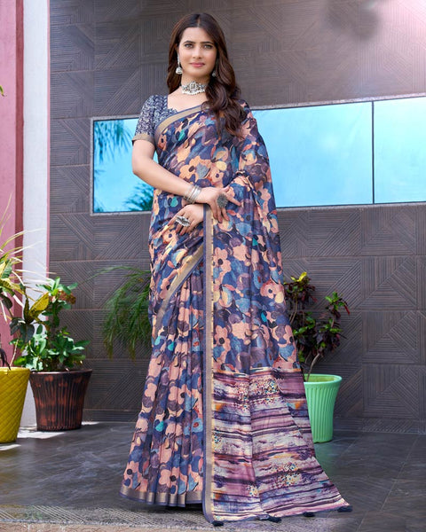 East Bay Blue Printed Chanderi Cotton Saree With Weaving Border