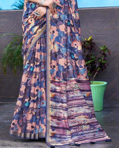East Bay Blue Printed Chanderi Cotton Saree With Weaving Border
