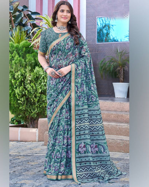 Smalt Blue Printed Chanderi Cotton Saree With Weaving Border