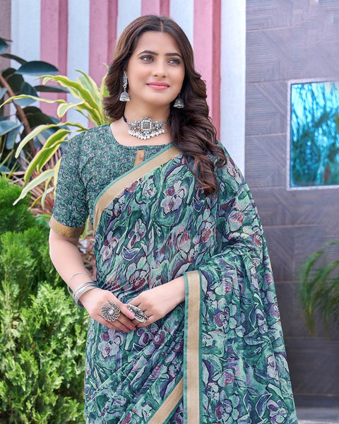 Smalt Blue Printed Chanderi Cotton Saree With Weaving Border