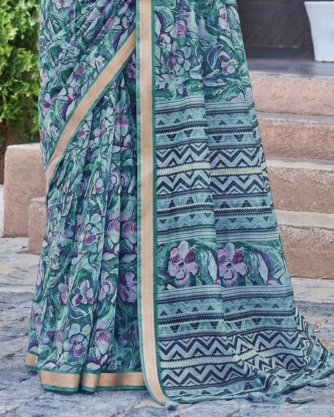 Smalt Blue Printed Chanderi Cotton Saree With Weaving Border