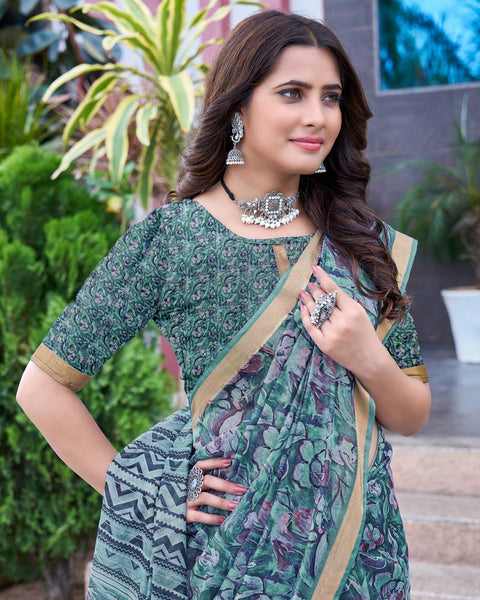 Smalt Blue Printed Chanderi Cotton Saree With Weaving Border