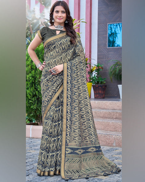 Dark Ink Blue Printed Chanderi Cotton Saree With Weaving Border