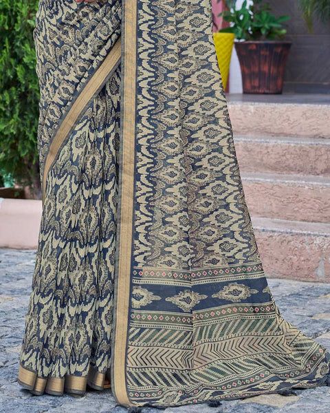 Dark Ink Blue Printed Chanderi Cotton Saree With Weaving Border
