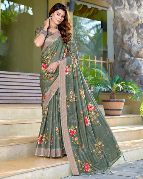 Hazel Green Designer Printed Katha Silk Handloom Bordered Saree