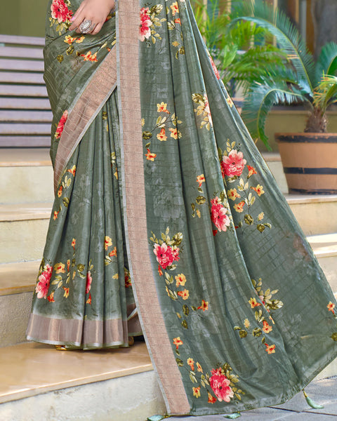 Hazel Green Designer Printed Katha Silk Handloom Bordered Saree