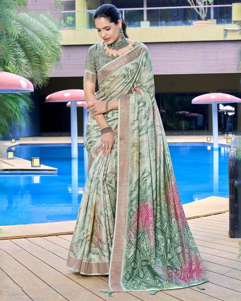 Nebula Green Designer Printed Katha Silk Handloom Bordered Saree