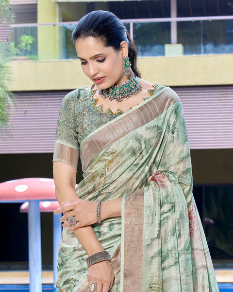 Nebula Green Designer Printed Katha Silk Handloom Bordered Saree