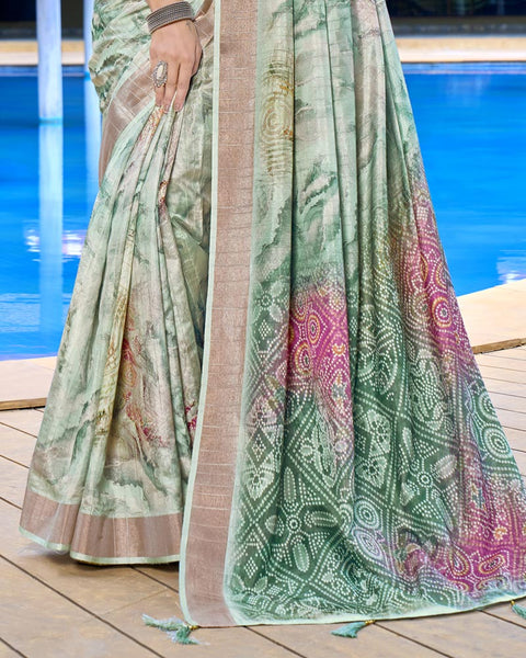 Nebula Green Designer Printed Katha Silk Handloom Bordered Saree