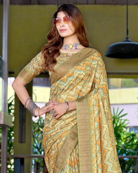 Hazel Yellow Designer Printed Katha Silk Handloom Bordered Saree
