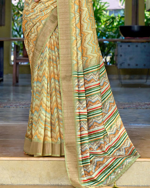 Hazel Yellow Designer Printed Katha Silk Handloom Bordered Saree