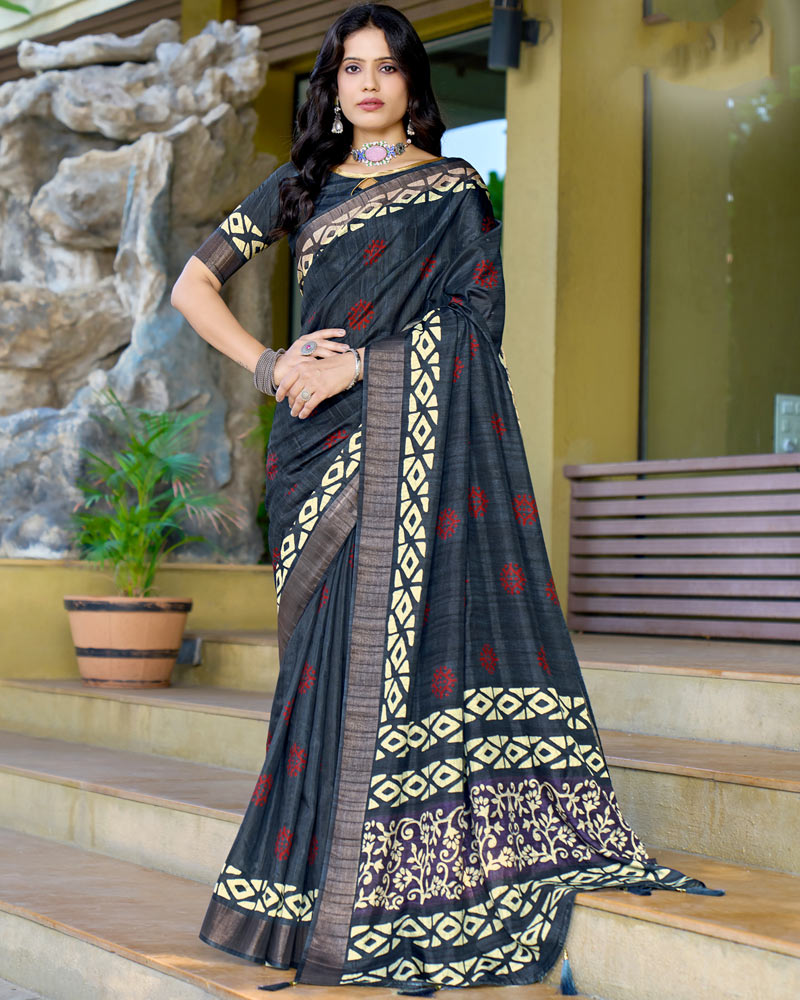 Mirage Blue Designer Printed Katha Silk Handloom Bordered Saree