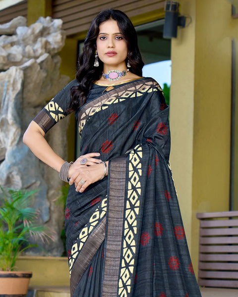 Mirage Blue Designer Printed Katha Silk Handloom Bordered Saree