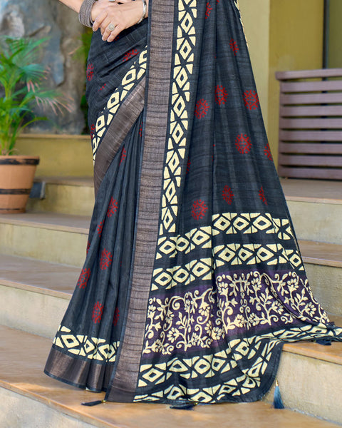 Mirage Blue Designer Printed Katha Silk Handloom Bordered Saree