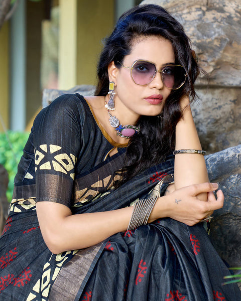 Mirage Blue Designer Printed Katha Silk Handloom Bordered Saree