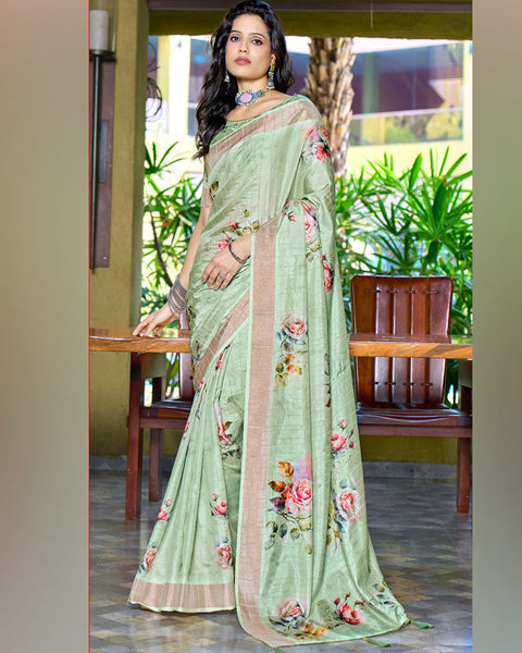 Surf Green Designer Printed Katha Silk Handloom Bordered Saree