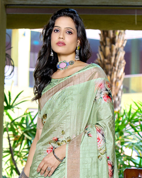 Surf Green Designer Printed Katha Silk Handloom Bordered Saree