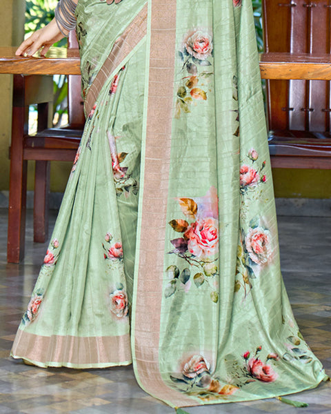 Surf Green Designer Printed Katha Silk Handloom Bordered Saree