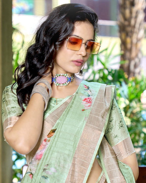 Surf Green Designer Printed Katha Silk Handloom Bordered Saree