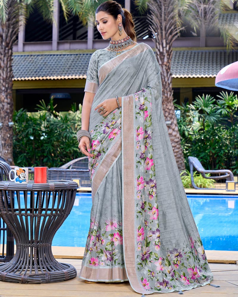Cadet Blue Designer Printed Katha Silk Handloom Bordered Saree