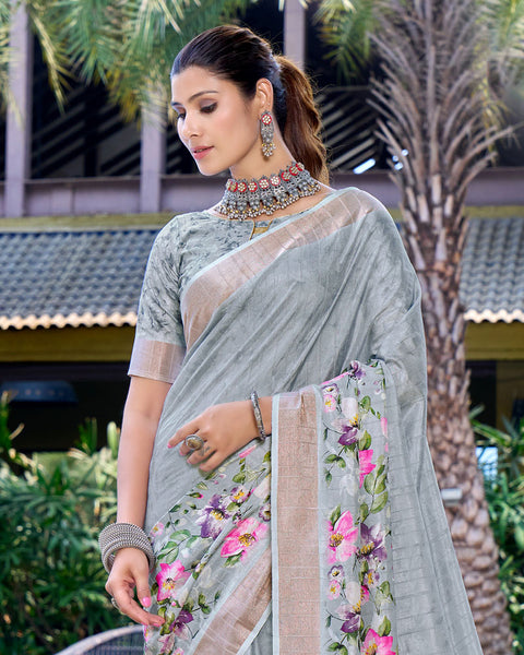 Cadet Blue Designer Printed Katha Silk Handloom Bordered Saree