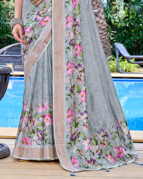 Cadet Blue Designer Printed Katha Silk Handloom Bordered Saree