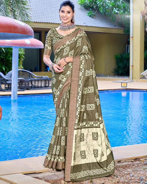 Clay Creek Green Designer Printed Katha Silk Handloom Bordered Saree