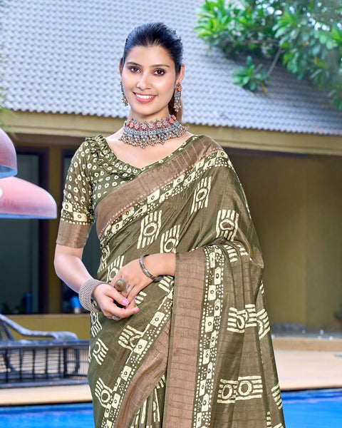 Clay Creek Green Designer Printed Katha Silk Handloom Bordered Saree