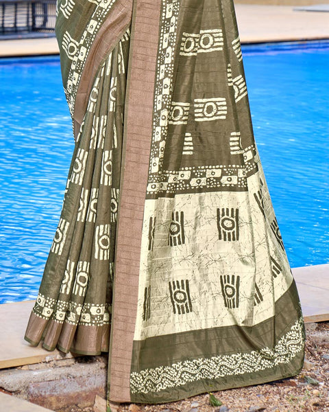 Clay Creek Green Designer Printed Katha Silk Handloom Bordered Saree