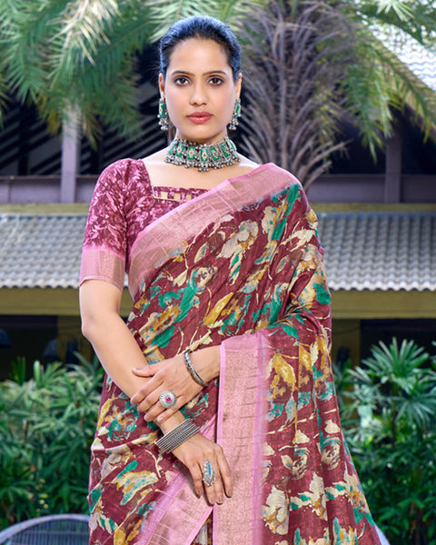 Copper Rust Designer Printed Katha Silk Handloom Bordered Saree