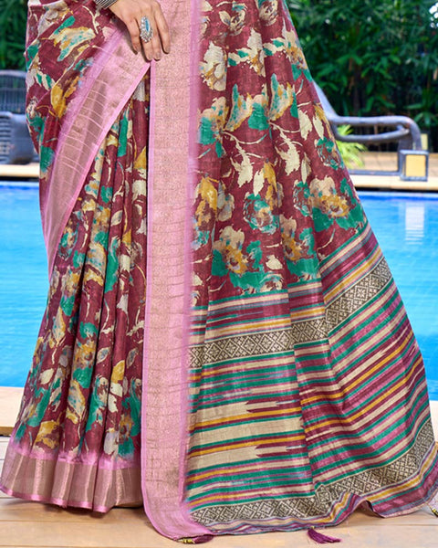 Copper Rust Designer Printed Katha Silk Handloom Bordered Saree