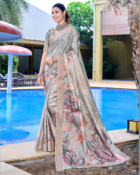 Cloudy Grey Designer Printed Katha Silk Handloom Bordered Saree