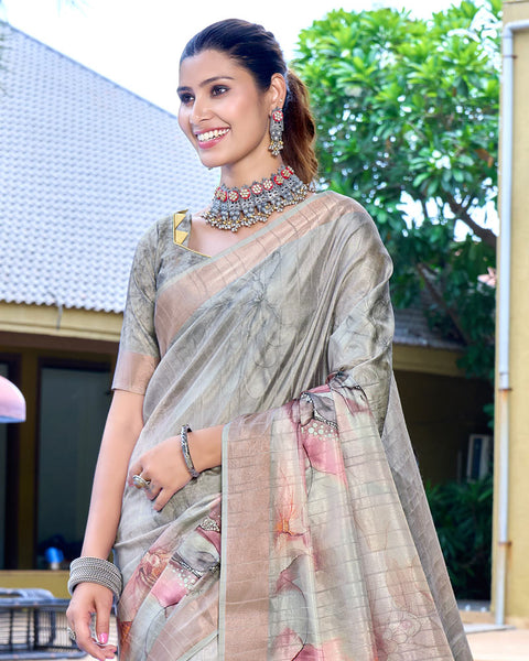 Cloudy Grey Designer Printed Katha Silk Handloom Bordered Saree