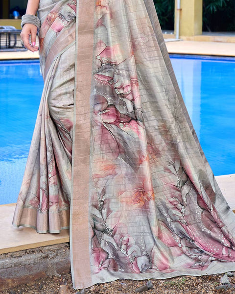Cloudy Grey Designer Printed Katha Silk Handloom Bordered Saree