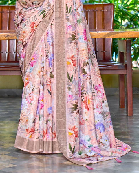 Pastel Pink Designer Printed Katha Silk Handloom Bordered Saree