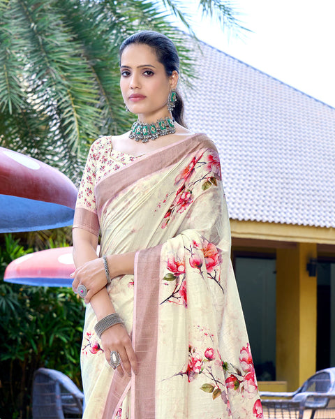 Royal Cream Designer Printed Katha Silk Handloom Bordered Saree