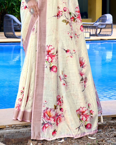 Royal Cream Designer Printed Katha Silk Handloom Bordered Saree